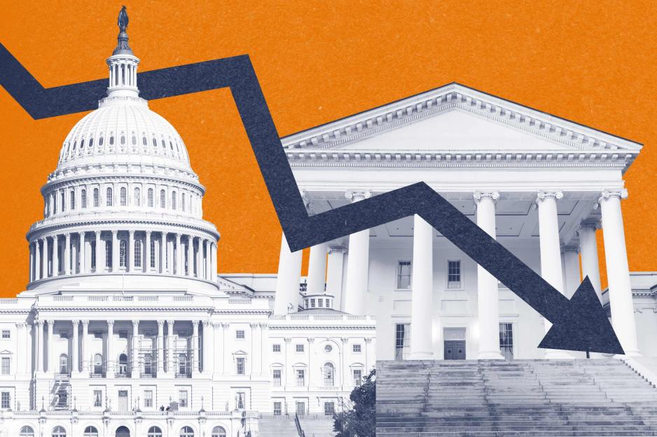 Illustration of the capitol buildings with a graph line in a downward trajectory