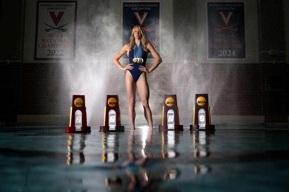 Gretchen Walsh at the UVA pool with her four NCAA Championship trophies and four Olympic medals