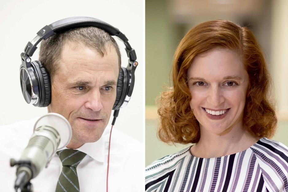 On the left, a portrait of President Ryan wearing headphones during his podcast, and on the right, Associate Professor Rachel Wahl.