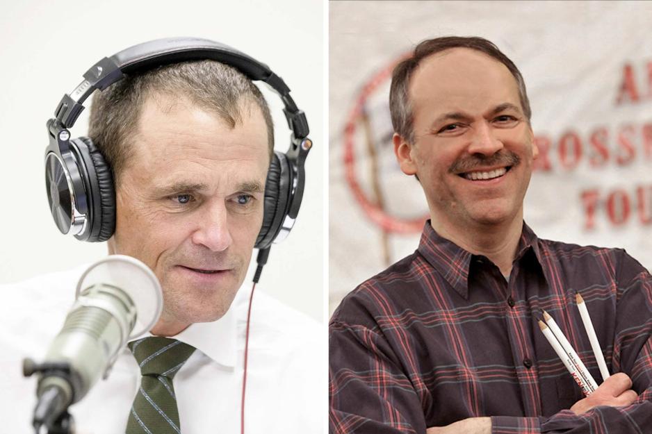 On the left, a portrait of President Ryan wearing headphones during his podcast, and on the right, New York Times crossword editor Will Shortz.