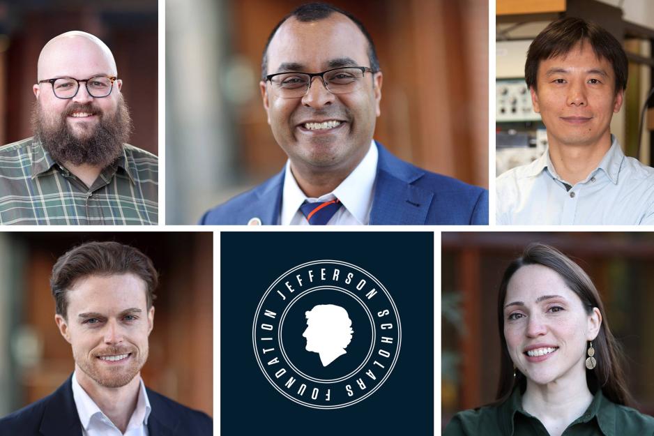 Portrait of The Jefferson Scholars Foundation is honoring five UVA faculty members for excellence. Pictured on the top, from left, are Nate Adams, Neeral Shah, Jianhua Cang. On the bottom, from left, are Daniel Quinn and Ilse Cleeves. 