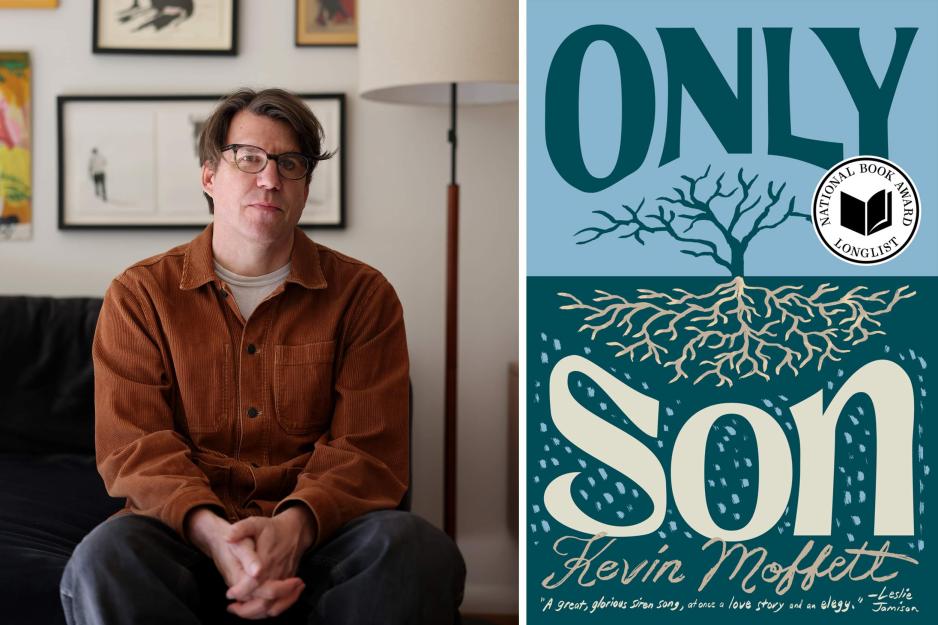Kevin Moffett sitting in his living room, left, and a rendering of the cover of his book, ‘Only Son’, right.