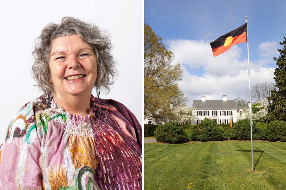 Nici Cumpston on the left and Kluge-Ruhe Aboriginal Art Collection with the Australian flag out front