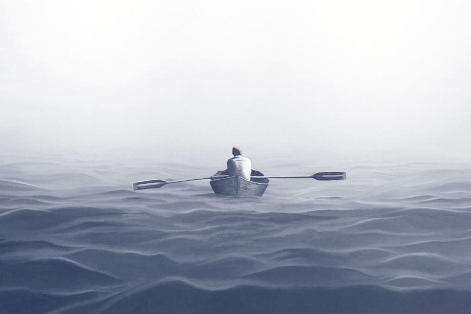 illustration of a man in a row boat on open water