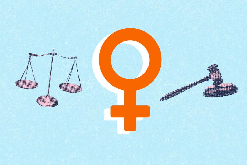 An illustration of scales with the sign for woman as a gander and a gavel