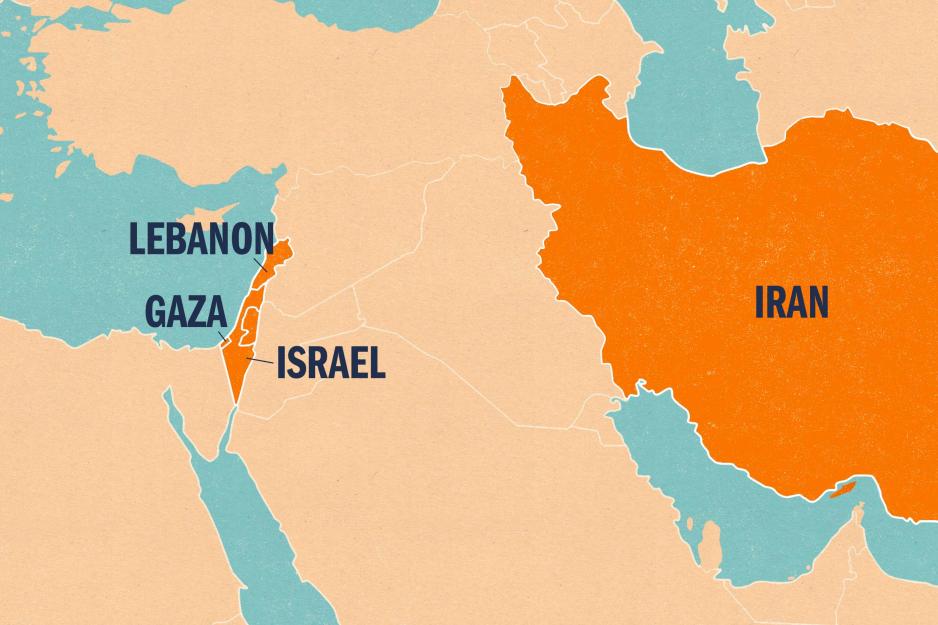 A map of Lebanon, Gaza, Israel and Iran