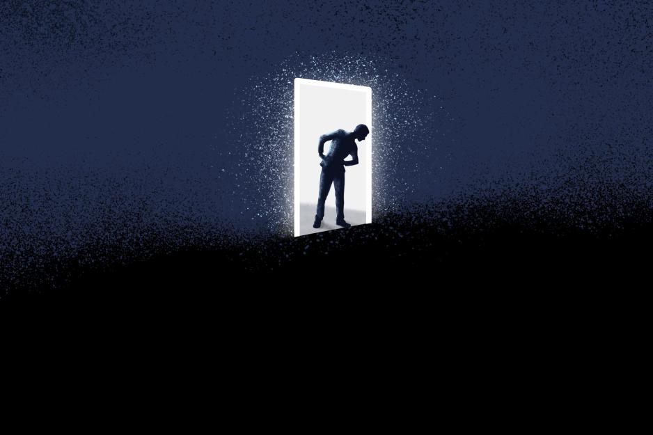 illustration of a male figure leaning through a doorway that leads to a drop into an abyss