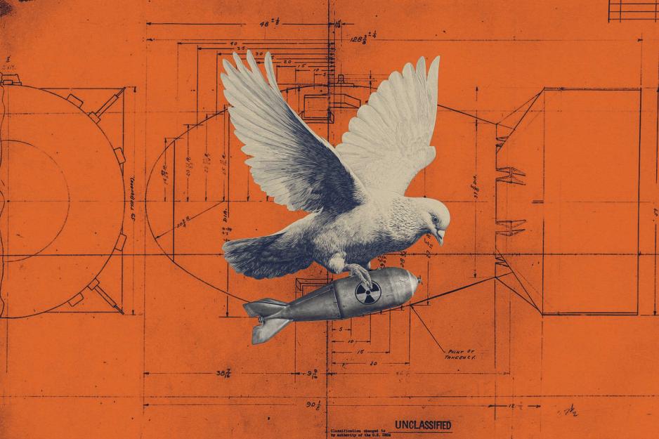 Illustration of a bird flying carrying a nuclear bomb