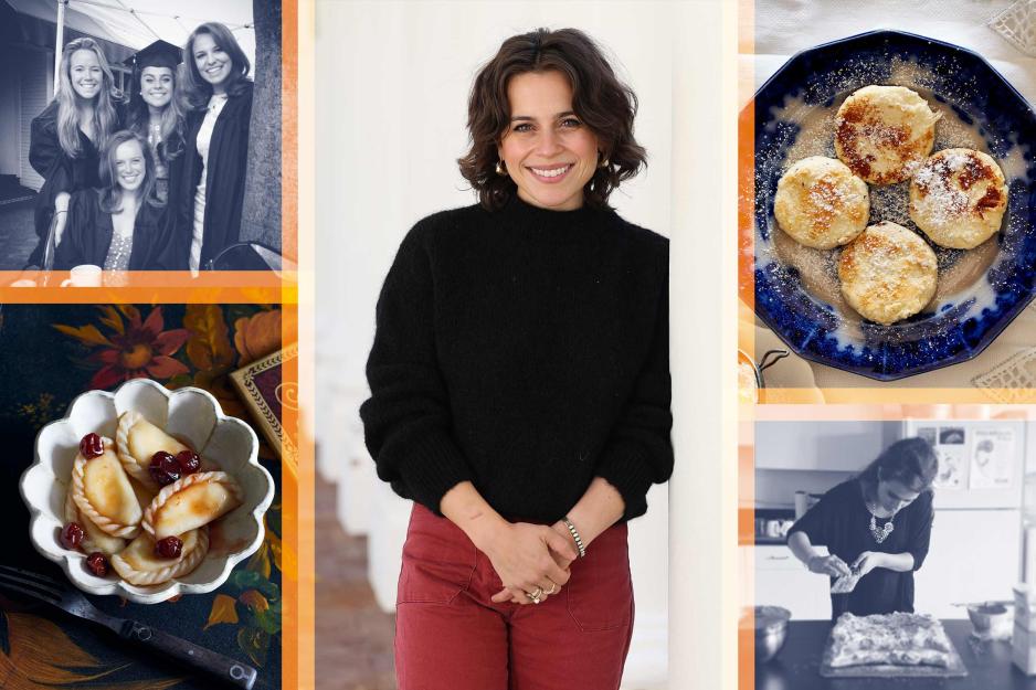 a collage of Polina Chesnakova's professional photo, graduating from UVA, cooking, and some professional photos of her recipes.
