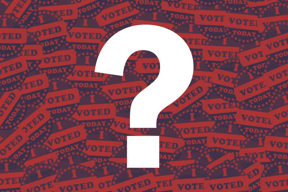 A series of "I voted" stickers with a red overlay and a big white question mark over them