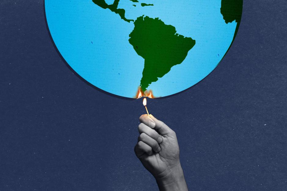 An illustration of hand holding up a match to burn the globe