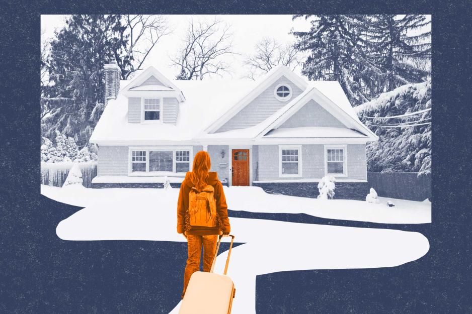 A graphic image of a young adult pulling a suitcase along to the front of a snow covered house