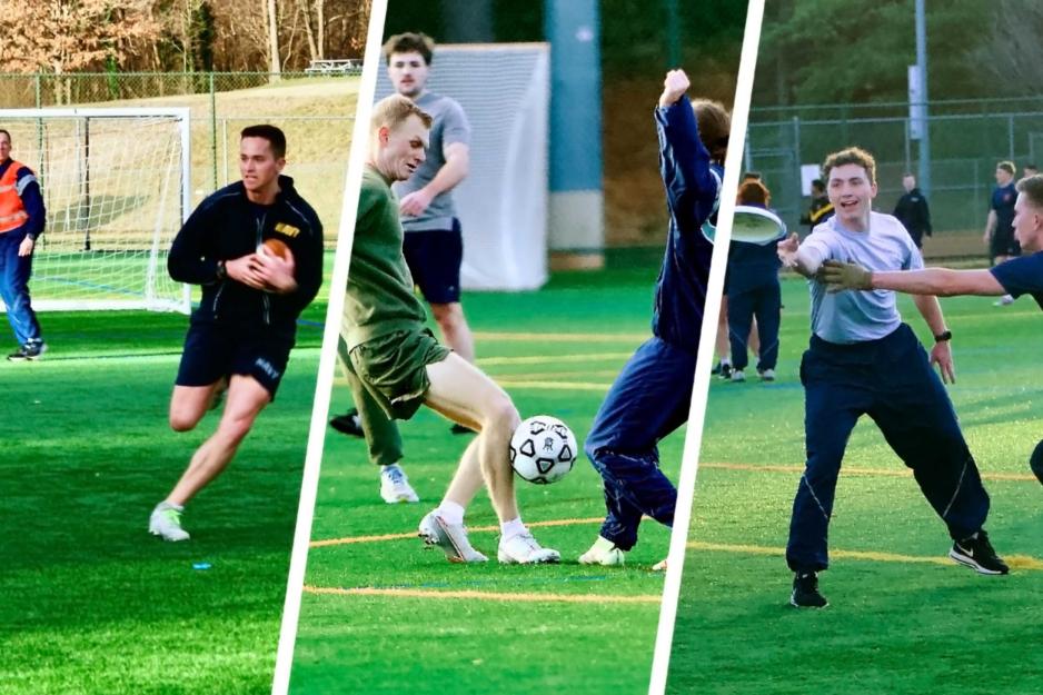 Collage portrait of ROTC cadets in a training session for football, soccer, and flying disc.