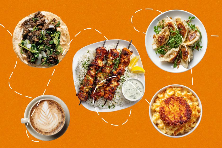 illustration of a winding map that leads to steak tacos, a latte, chicken skewers, mac and cheese, and potstickers