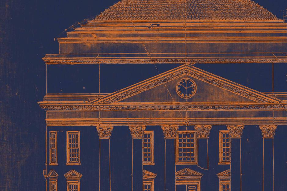 an architectural drawing of the UVA Rotunda in UVA blue and orange