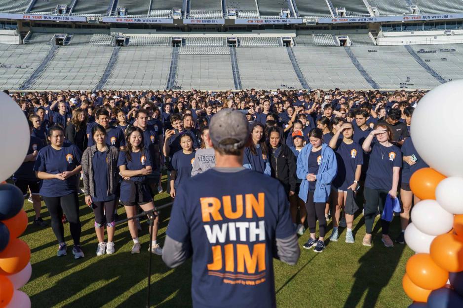 Portrait of President Jim Ryan as he addresses the large crowd during the Run With Jim event.