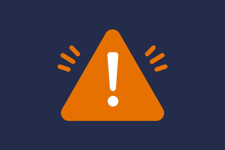 An exclamation point on an orange alert sign over a blue background