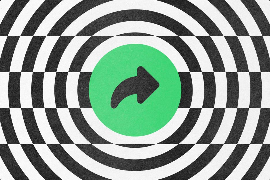 Illustration of a circular black and white repeating background with a green 'share' button