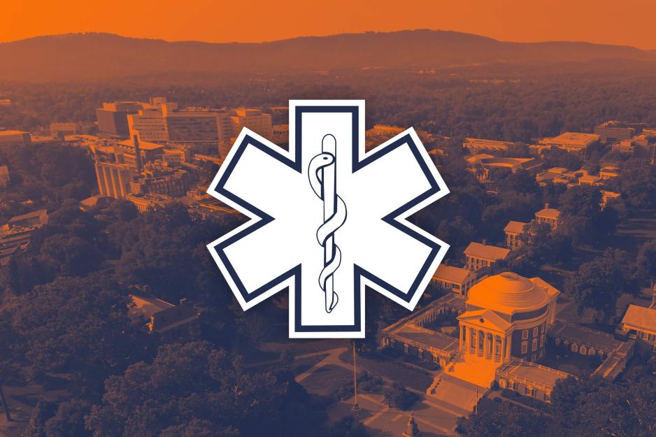 an illustration of the EMS logo mark placed over an aerial photo of the UVA Rotunda and UVA Medical Center.