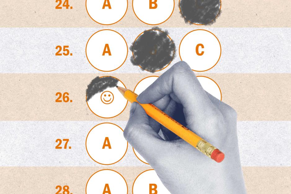 illustration of a hand holding a pencil filling in a bubble sheet during a test.