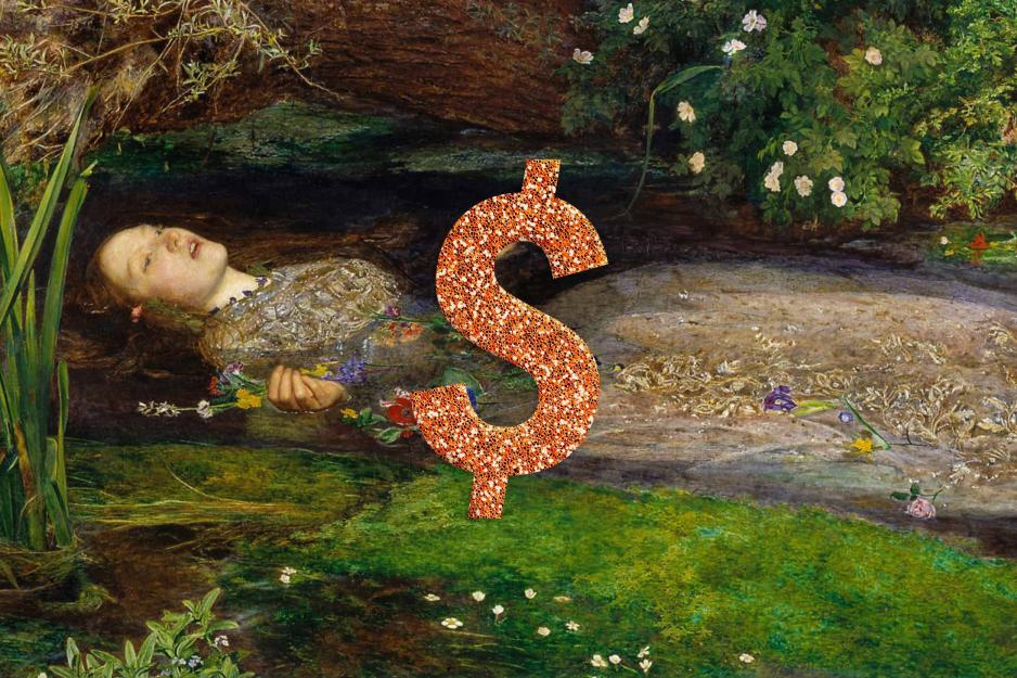 An orange glittery dollar sign overlaying a painting of Hamlet’s Ophelia