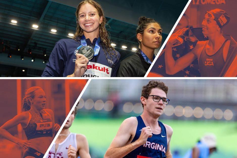 Collage Portrait of Kate Douglass, Gretchen Walsh, UVA alumna Margot Appleton and rising senior Gary Martin.