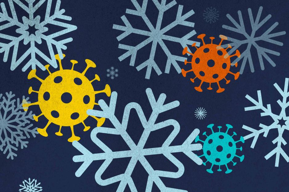 A graphic illustration of germs and snowflakes