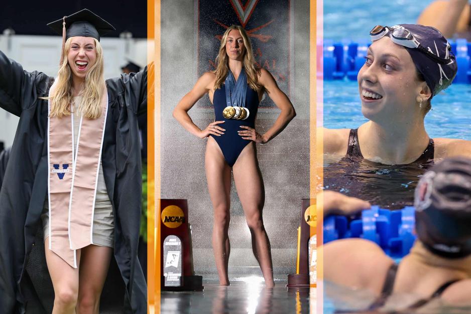 A collage portrait of Gretchen Walsh in celebration of her graduation, showing her in a swimsuit with medals and in the pool.