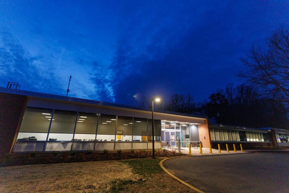 panoramic photo of Zehmer Hall, the UVA police station.
