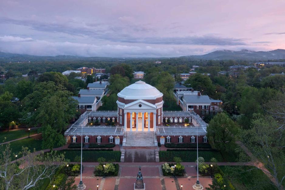 Aerial of the Rotunda and Lawn at dusk