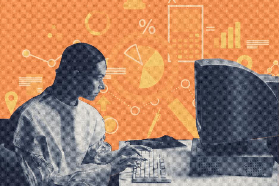 A woman in a white coat types at a computer. Charts and graphs float in the background.