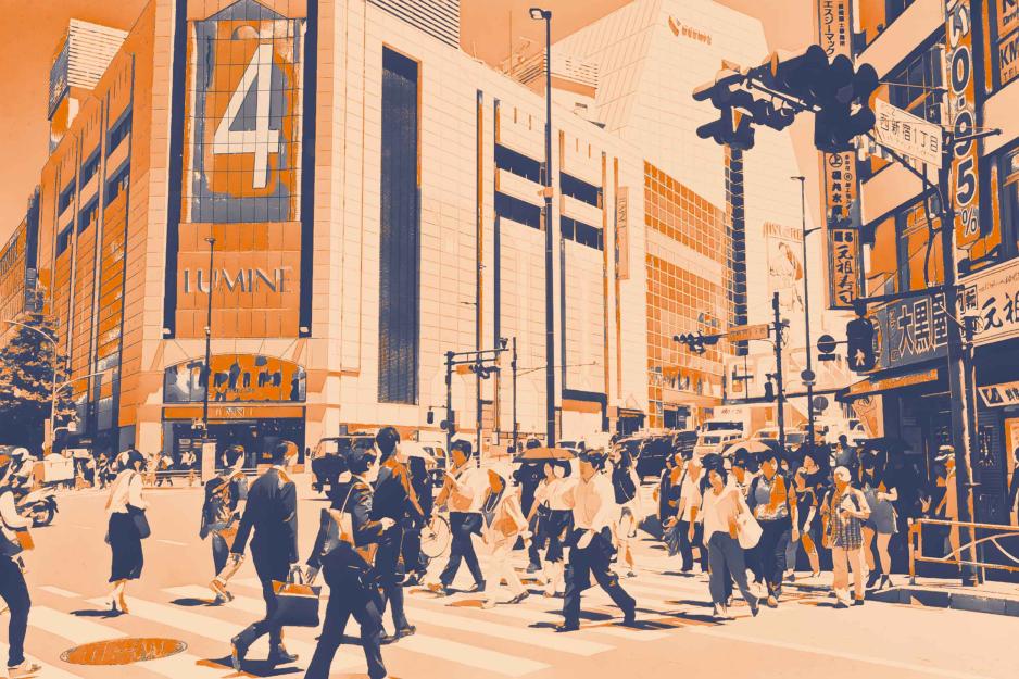 A Tokyo crosswalk, with people crossing, painted in a blue and orange color theme