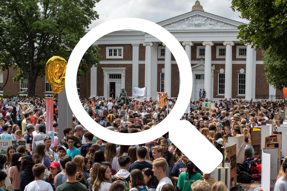 Magnifying glass illustration over a photo of the annual Activities Fair on the Lawn