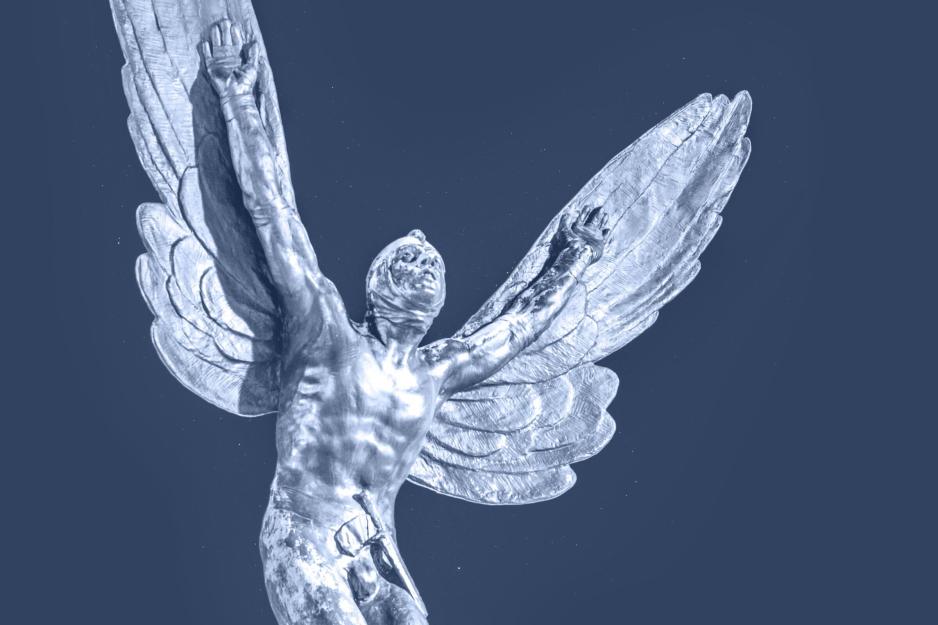 The Aviator statue in blue.