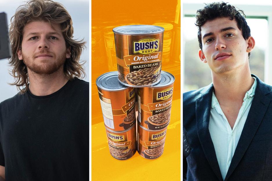 University of Virginia alumni Graham Barbour and Phineas Alexander and a stack cans of Bush's baked beans