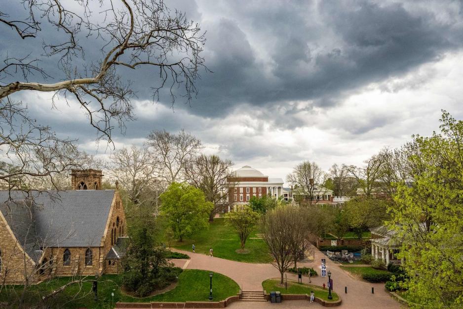 The UVA Rotunda seen from a distance, under a cloudy sky