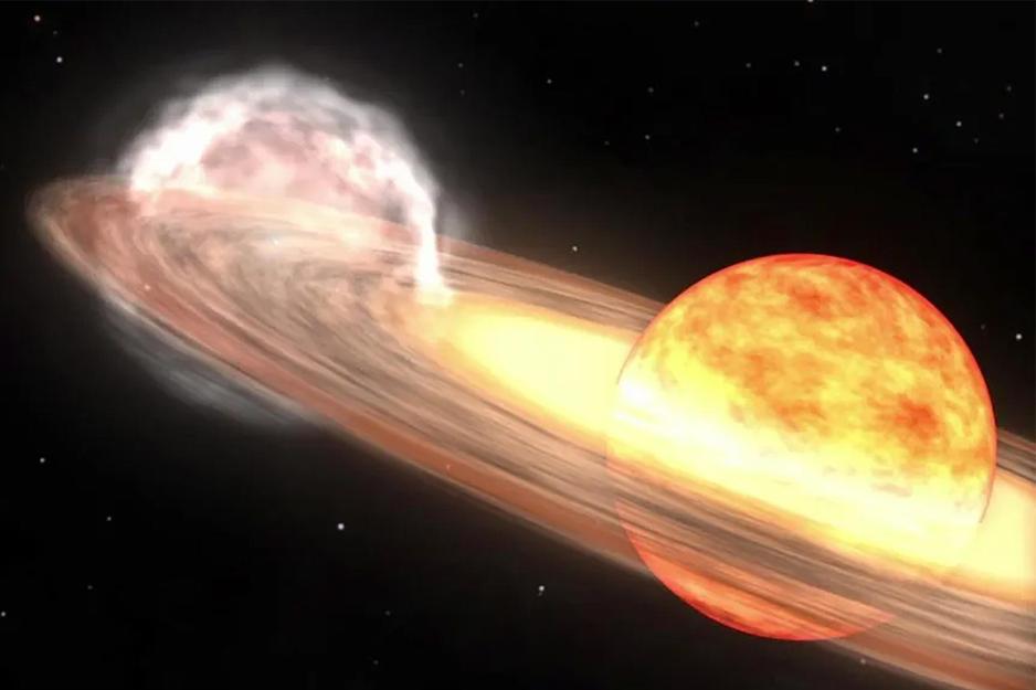 Illustration of a red giant transferring hydrogen to an orbiting white dwarf star.