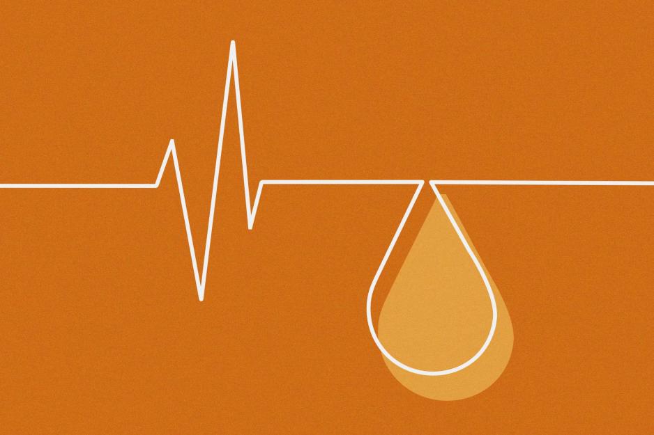 A droplet and a wavy line indicative of a heartbeat on an orange background
