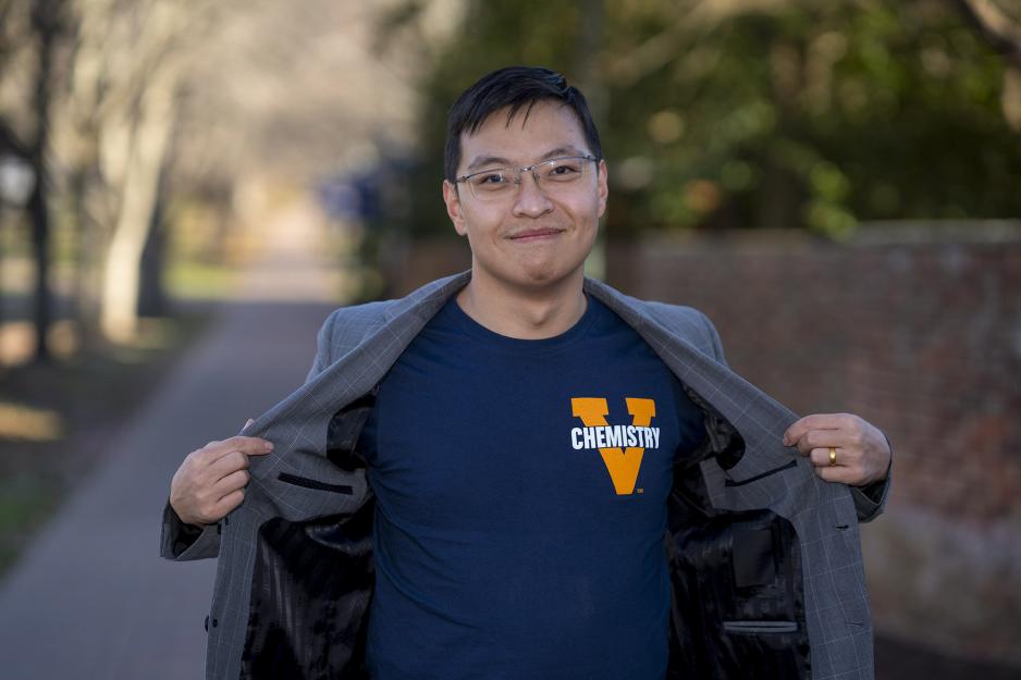 Chang Liu showing off his UVA Chemistry shirt
