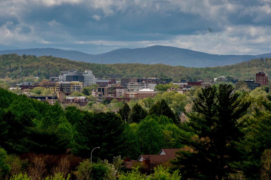 Aerial view of Charlottesville nestled in the Blue Ridge mountains