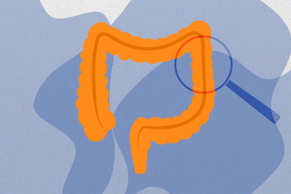 A magnifying glass overlaid on an abstract small intestine