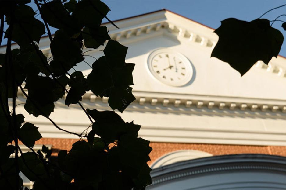 Through silhouetted leaves, a gable clock is visible
