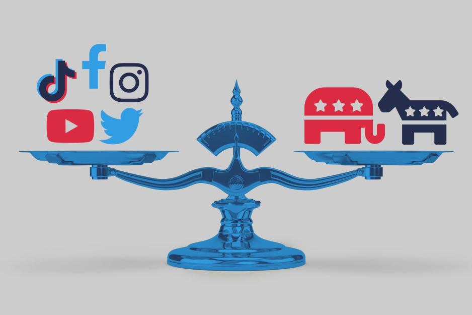 A set of balanced scales. On the left, the logos of Facebook, Instagram, Twitter, YouTube and TikTok. On the right, a red elephant and a blue donkey.