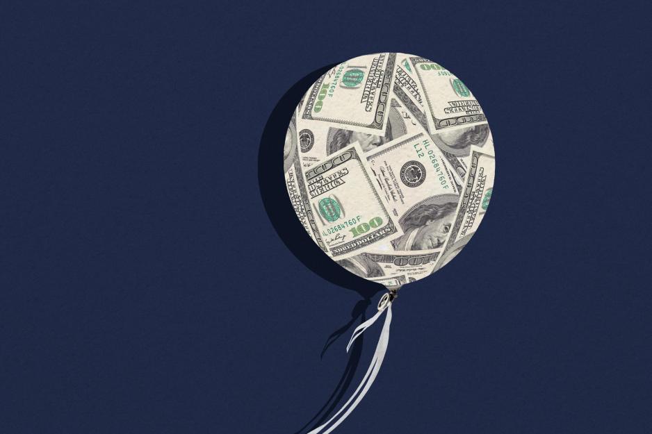 A balloon filled with $100 bills