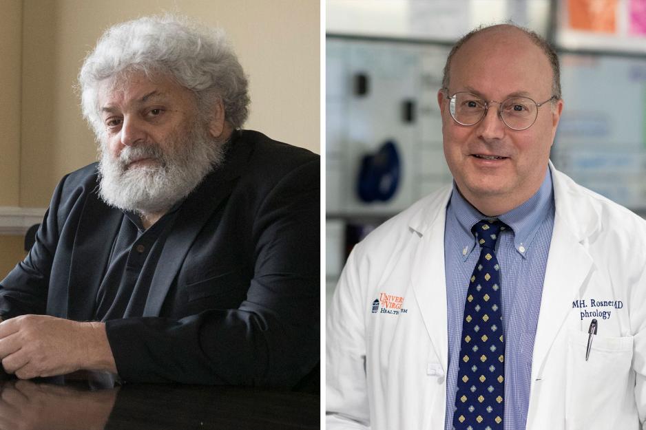 Ed Freeman sits at desk; Mitchell Rosner wears a white cote and looks at the camera