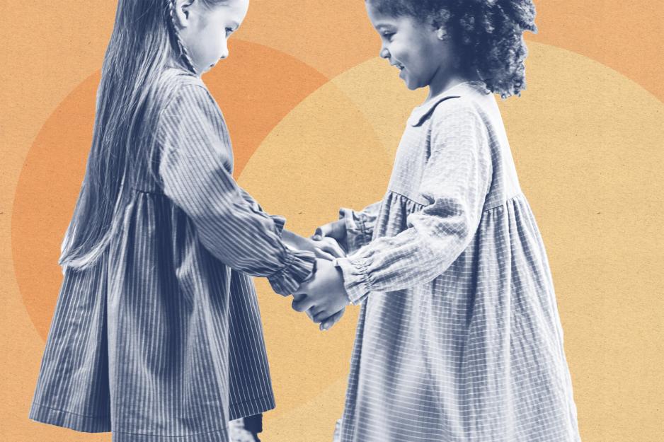 Illustration of two young girls holding hands.