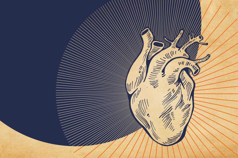 Illustration of a human heart on a background of circles and radiating lines
