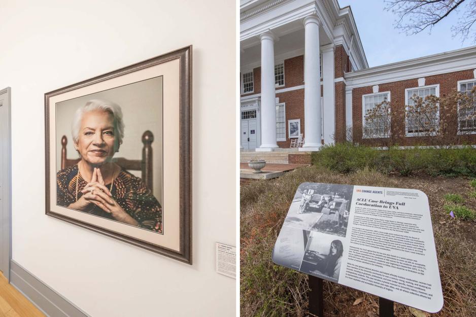 Photos of the coeducation plaque and a portrait of Cynthia Goodrich Kuhn.