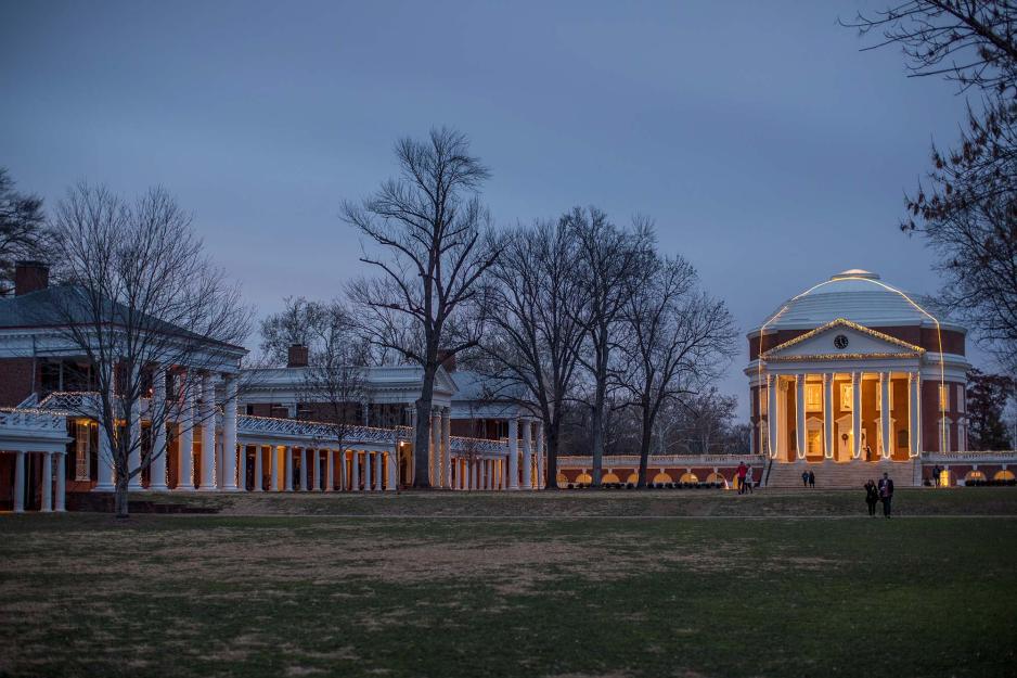 Rotunda and the Lawn lit up by lights