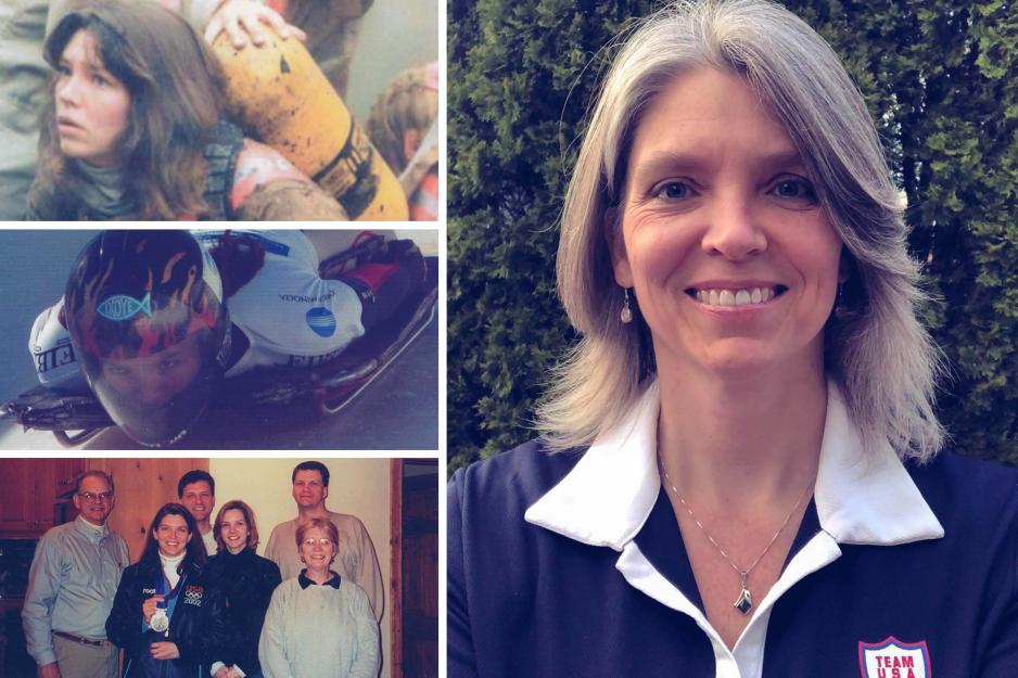 Collage of Lea Ann Parsley-Davenport top left, firefighter, directly below, skeleton at Olympics, directly below, family photo with medal, left headshot of Lea Ann Parsley-Davenport